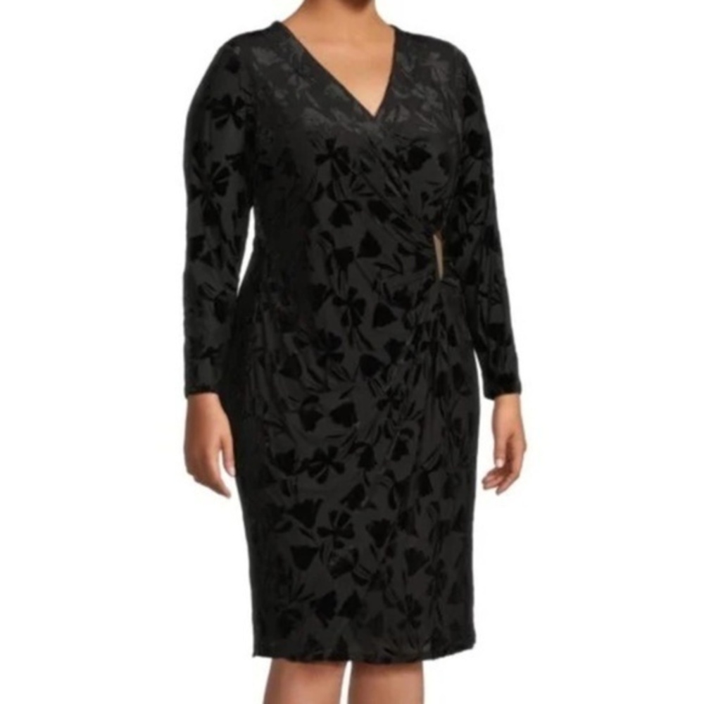 Calvin Klein. Velvet Sheath‎ Faux Wrap Midi Dress.